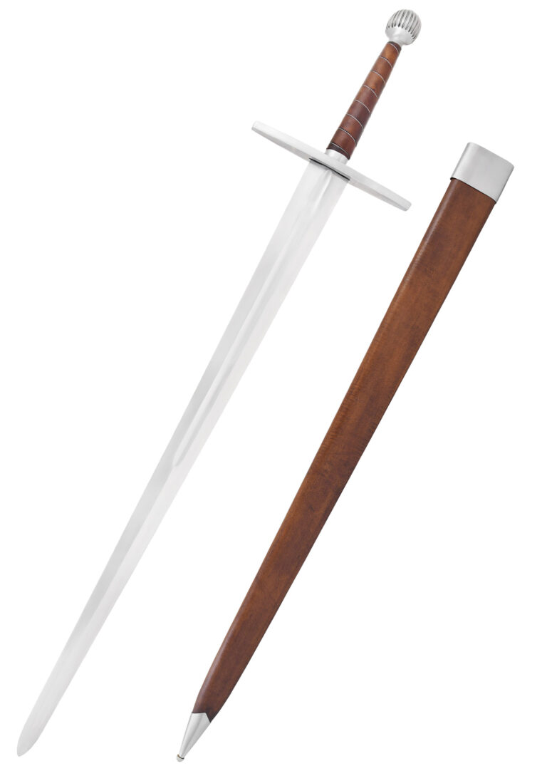 Épée longue fin du Moyen Âge avec son fourreau, vue d’ensemble