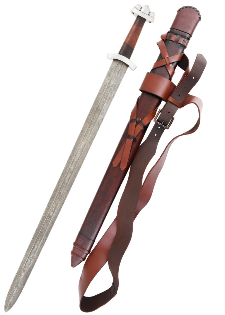 Épée viking Godfred en acier damassé, vue d’ensemble