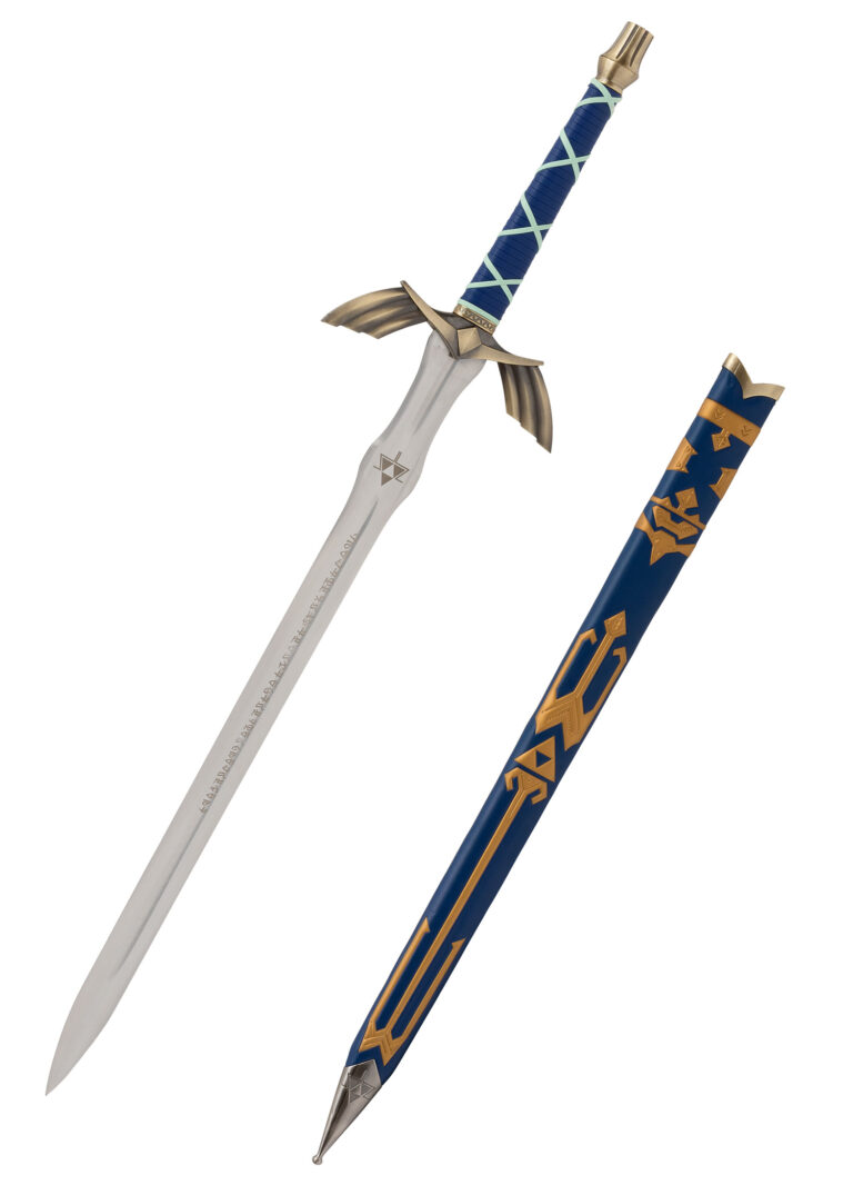 Épée Master Sword Zelda avec garde dorée et poignée bleue, vue d’ensemble