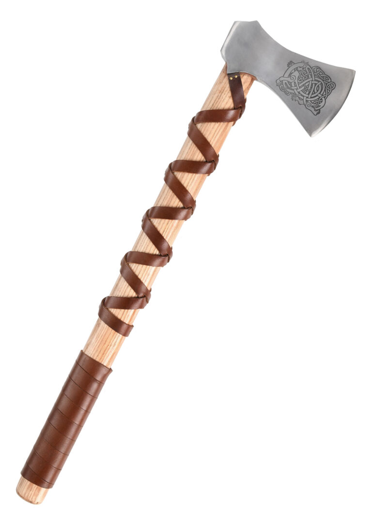 Hache viking en acier moulé type H gravée, vue principale sur fond blanc