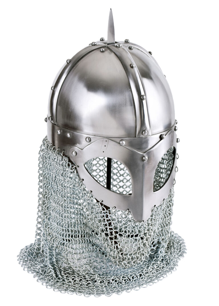 Casque à lunettes viking avec camail en acier, vue principale sur fond blanc