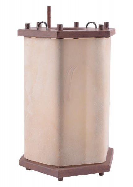 Lanterne hexagonale en bois et cuir brut – 23,5 cm