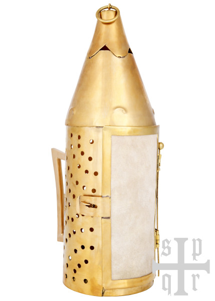 Lanterne médiévale en laiton et cuir brut – 29 cm