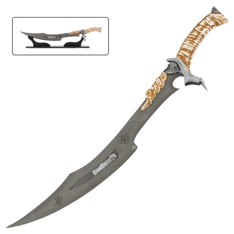 Épée de Dek inspirée de Predator Badlands, vue d’ensemble avec support
