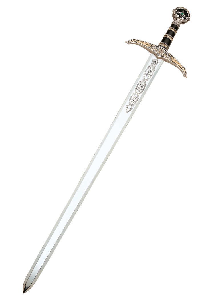 Épée de Robin des Bois argentée Marto, vue d’ensemble de la lame gravée et de la poignée